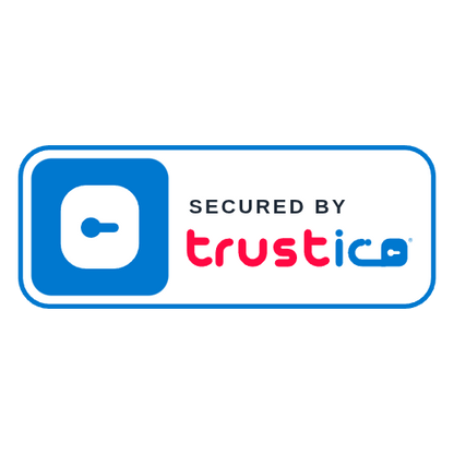 A blue and white badge features a circular logo on the left and “Trustico CA” in stylized pink and blue text on the right, reading “Secured by Trustico®,” to highlight support for Trustico® CaaS DV + Wildcard + Multi Domain SSL Certificate solutions.
